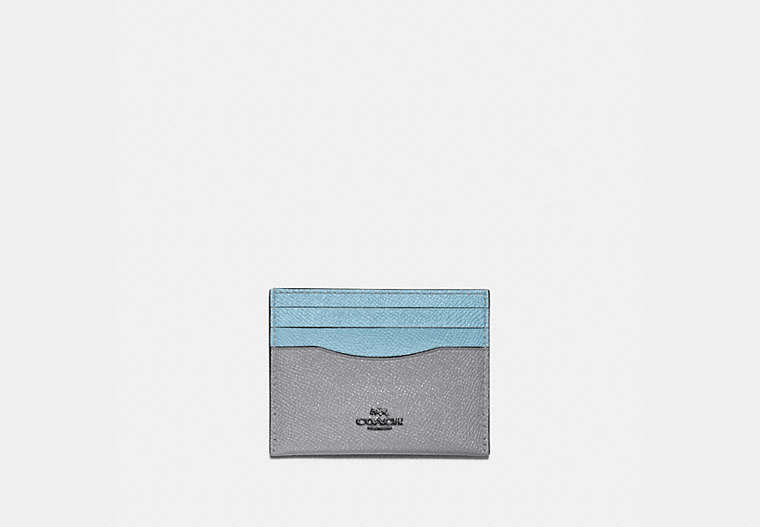 COACH®,CARD CASE IN COLORBLOCK,Leather,Pewter/Granite Azure Multi,Front View
