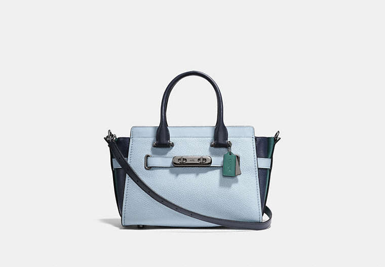 COACH®,COACH SWAGGER 27 IN COLORBLOCK,Leather,Large,Pale Blue/Navy/Dark Turquoise/Dark Gunmetal,Front View