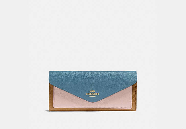 COACH®,SOFT WALLET IN COLORBLOCK,pusplitleather,Brass/Pacific Blue Multi,Front View