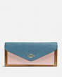 COACH®,SOFT WALLET IN COLORBLOCK,pusplitleather,Brass/Pacific Blue Multi,Front View