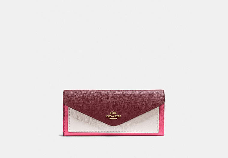 COACH®,SOFT WALLET IN COLORBLOCK,pusplitleather,Brass/Confetti Pink Multi,Front View