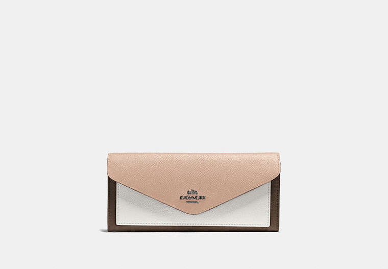 COACH®,SOFT WALLET IN COLORBLOCK,pusplitleather,Gunmetal/Fatigue Multi,Front View
