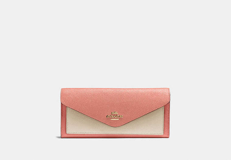 COACH®,SOFT WALLET IN COLORBLOCK,pusplitleather,Gold/Light Peach Multi,Front View image number 0