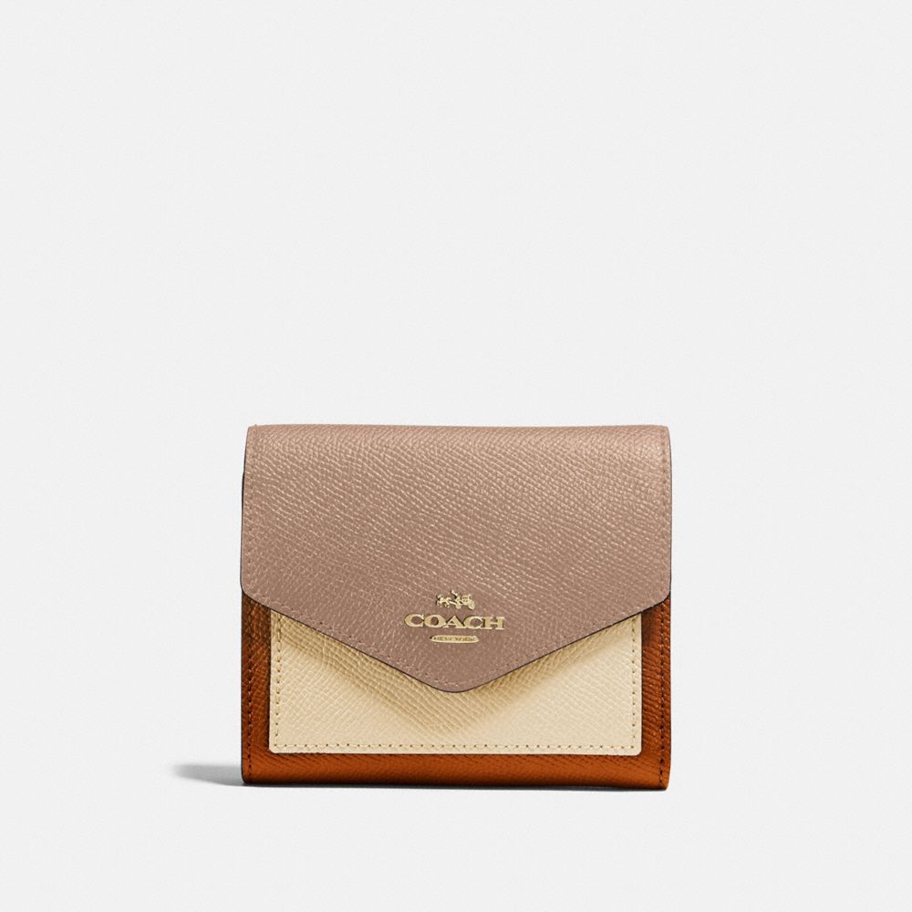 COACH®,SMALL WALLET IN COLORBLOCK,pusplitleather,Brass/Taupe Ginger Multi,Front View image number 0