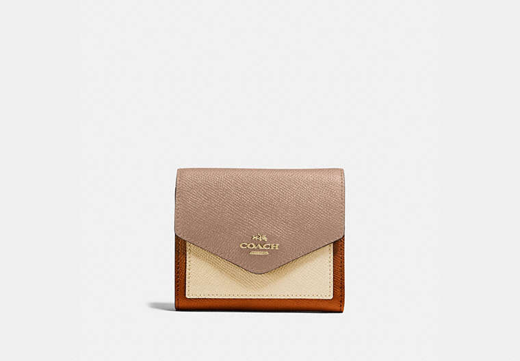 COACH®,SMALL WALLET IN COLORBLOCK,pusplitleather,Brass/Taupe Ginger Multi,Front View