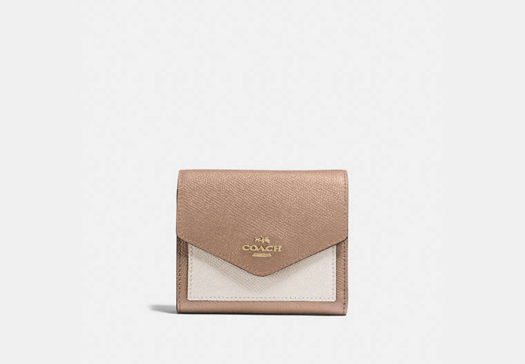 COACH®,SMALL WALLET IN COLORBLOCK,pusplitleather,Brass/Taupe Multi,Front View