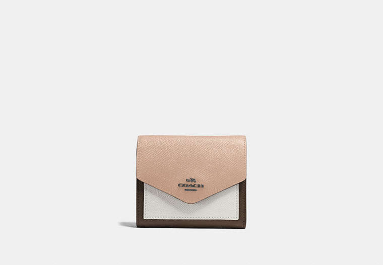 COACH®,SMALL WALLET IN COLORBLOCK,pusplitleather,Gunmetal/Fatigue Multi,Front View