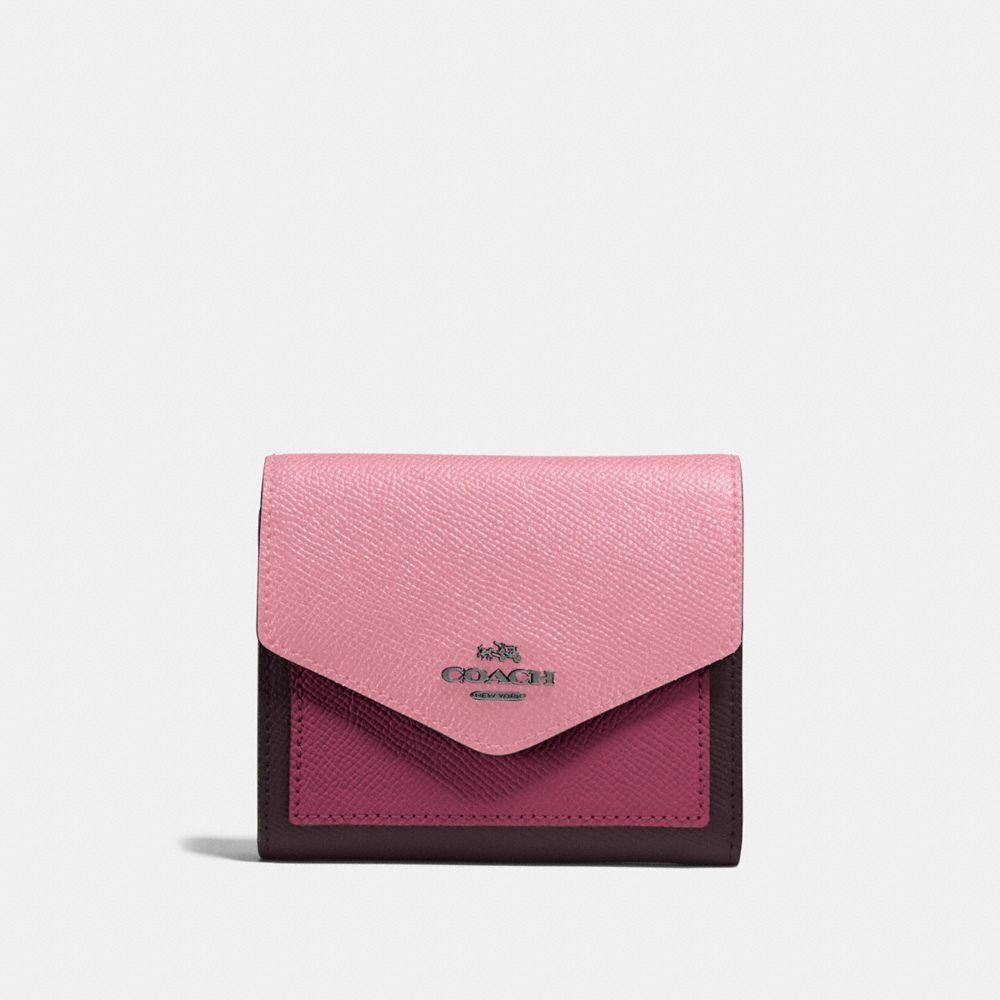 COACH®,SMALL WALLET IN COLORBLOCK,pusplitleather,Gunmetal/True Pink Multi,Front View