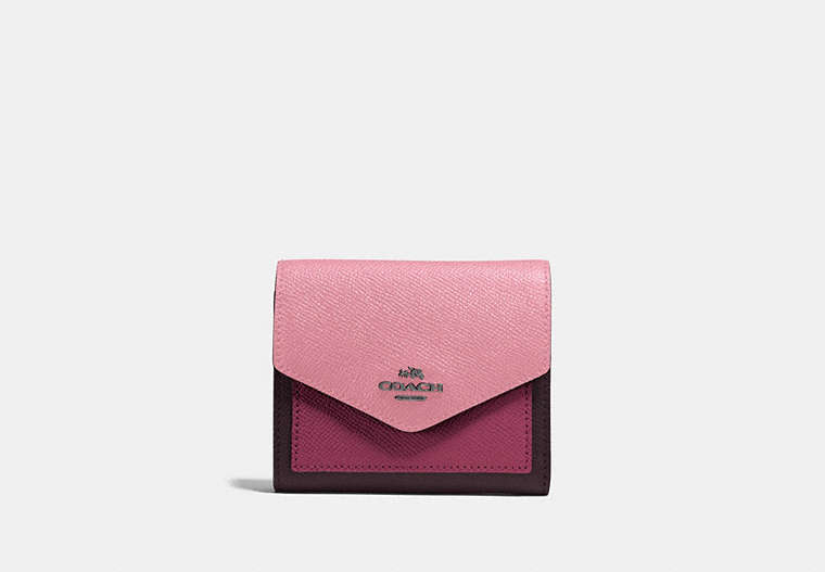 COACH®,SMALL WALLET IN COLORBLOCK,pusplitleather,Gunmetal/True Pink Multi,Front View