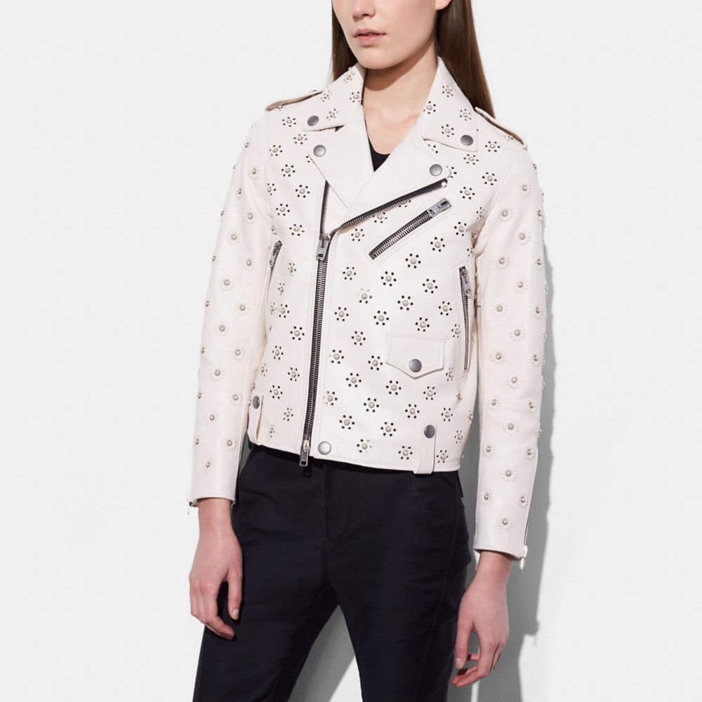 COACH®,MOTO JACKET WITH WHIPSTICH EYELET,Leather,Chalk,Front View