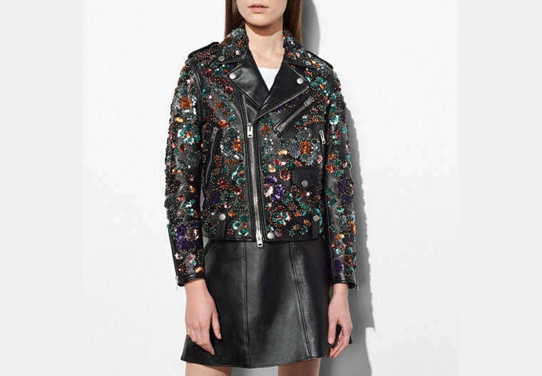 COACH®,MOTO JACKET WITH LEATHER SEQUINS,Leather,Black,Front View