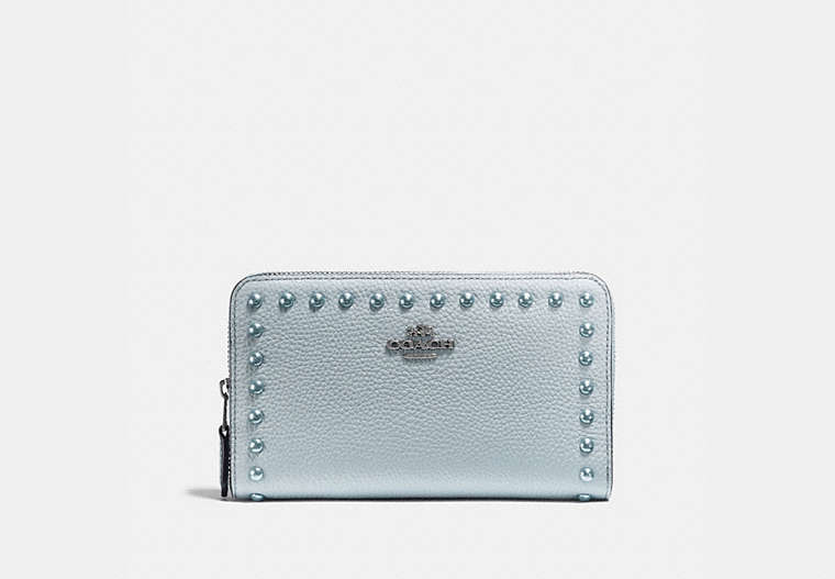 COACH®,MEDIUM ZIP AROUND WALLET WITH LACQUER RIVETS,Polished Pebble Leather,Dark Gunmetal/Pale Blue,Front View