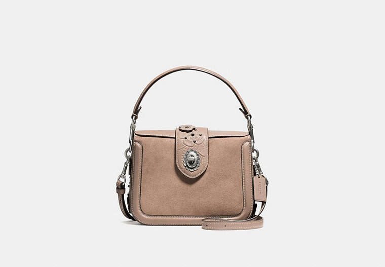 COACH®,PAGE CROSSBODY WITH PAINTED TEA ROSE TOOLING,Leather,Small,Light Anitique Nickel/Stone Multi,Front View