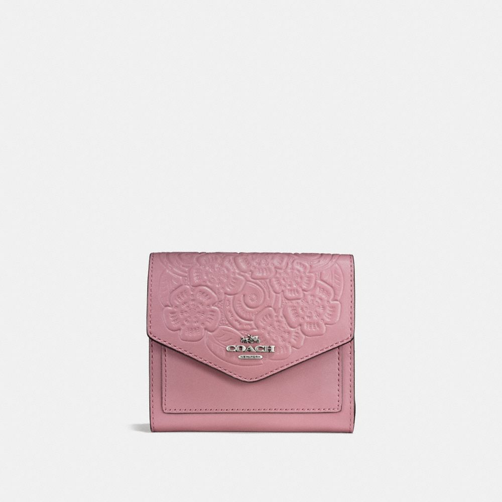 COACH®,SMALL WALLET WITH TEA ROSE TOOLING,Leather,Light Antique Nickel/Dusty Rose,Front View