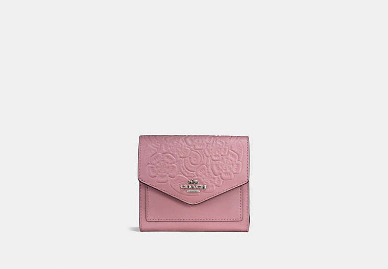 COACH®,SMALL WALLET WITH TEA ROSE TOOLING,Leather,Light Antique Nickel/Dusty Rose,Front View