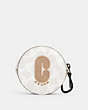 COACH®,ROUND HYBRID POUCH IN SIGNATURE CANVAS WITH COACH PATCH,Mini,Gunmetal/Chalk Steam,Front View