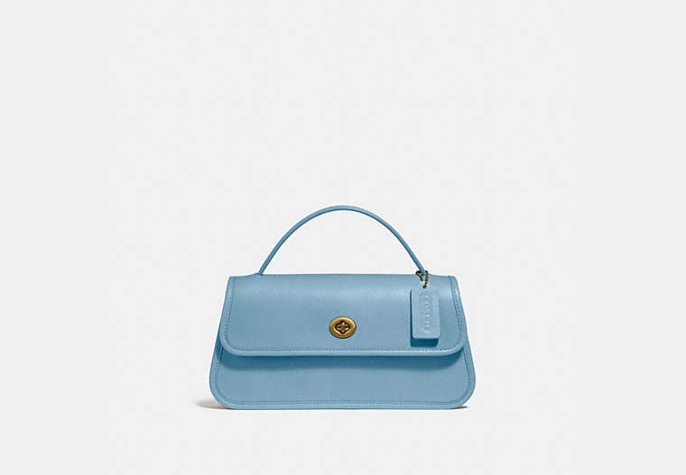 COACH®,TURNLOCK CLUTCH,Smooth Leather,Small,Brass/Azure,Front View