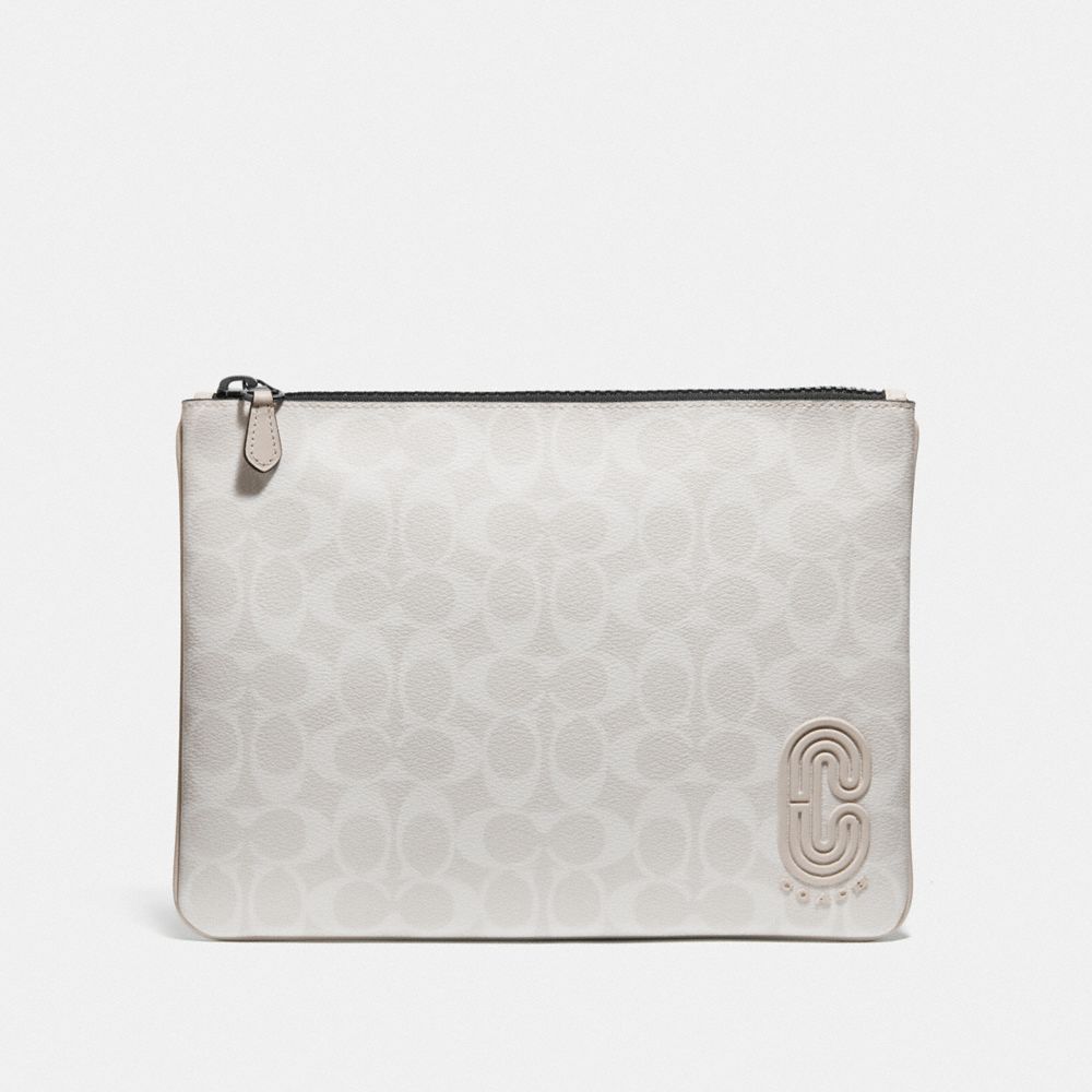 COACH®,LARGE POUCH IN SIGNATURE CANVAS WITH COACH PATCH,pvc,Gunmetal/Chalk Steam,Front View