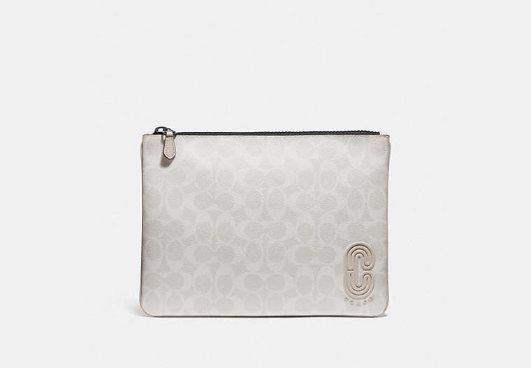 COACH®,LARGE POUCH IN SIGNATURE CANVAS WITH COACH PATCH,pvc,Gunmetal/Chalk Steam,Front View