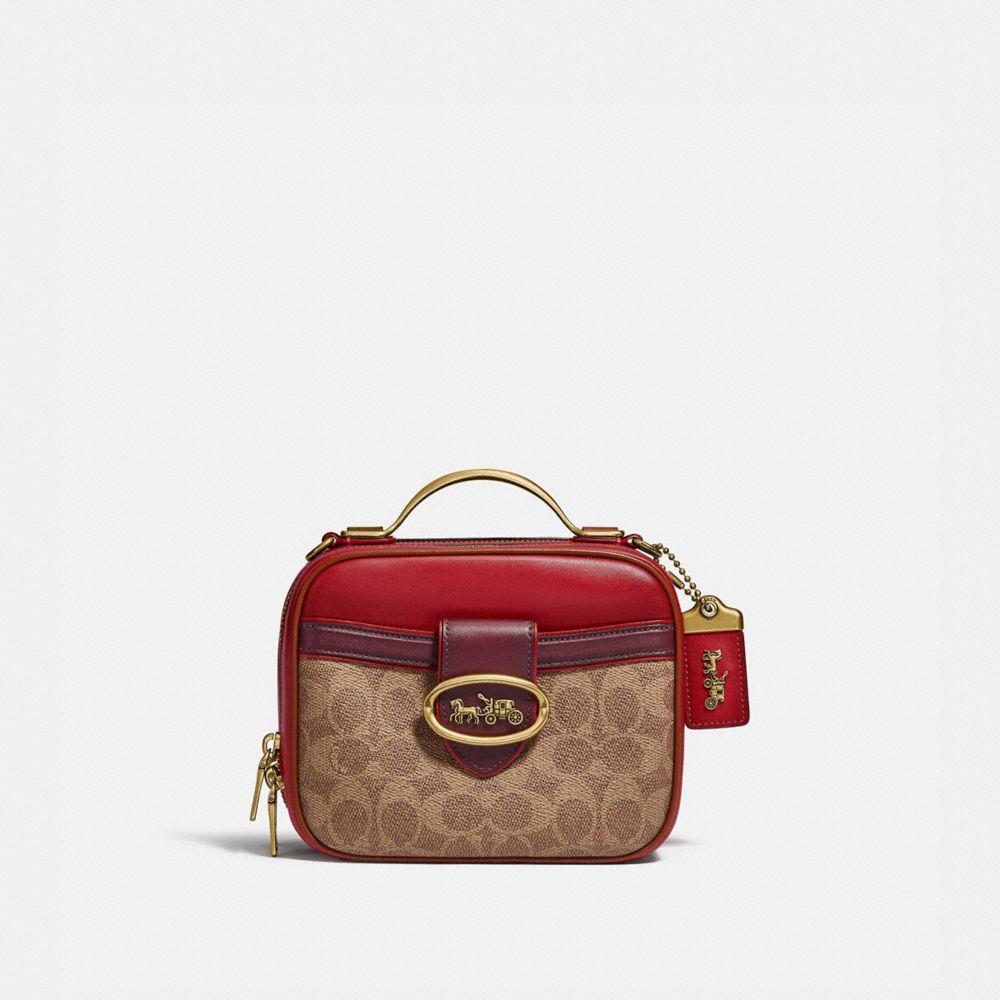 COACH®,RILEY LUNCHBOX BAG IN COLORBLOCK SIGNATURE CANVAS,Signature Coated Canvas/Smooth Leather,Small,Brass/Tan Red Apple Multi,Front View