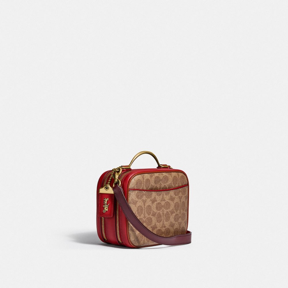 COACH®,RILEY LUNCHBOX BAG IN COLORBLOCK SIGNATURE CANVAS,Signature Coated Canvas/Smooth Leather,Small,Brass/Tan Red Apple Multi,Angle View