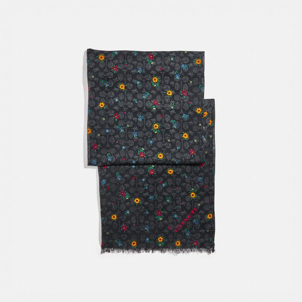 COACH®,SIGNATURE WILDFLOWER PRINT OBLONG SCARF,Modal/Silk,Black,Front View