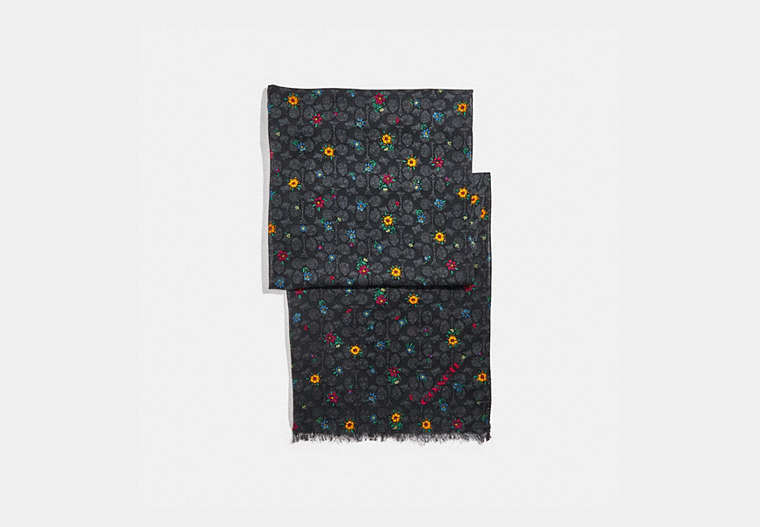 COACH®,SIGNATURE WILDFLOWER PRINT OBLONG SCARF,Modal/Silk,Black,Front View