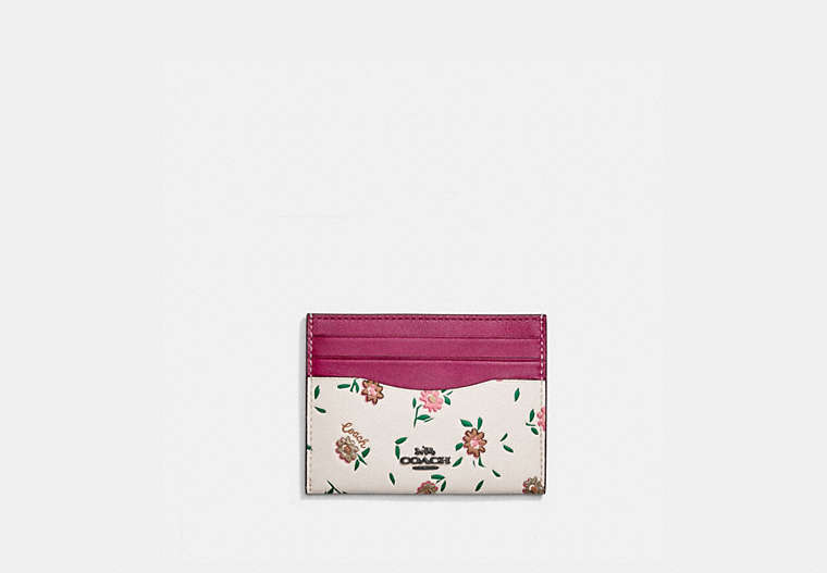 COACH®,CARD CASE WITH BLOCKED FLORAL PRINT,Leather,Pewter/Cerise Multi,Front View