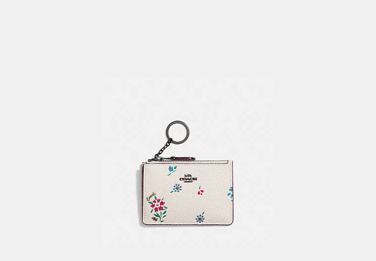 COACH®,MINI SKINNY ID CASE WITH WILDFLOWER PRINT,Leather,Pewter/Chalk,Front View