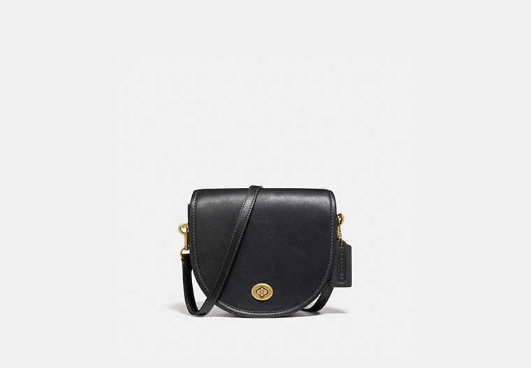 COACH®,TURNLOCK SADDLE CROSSBODY,Leather,Small,Brass/Black,Front View