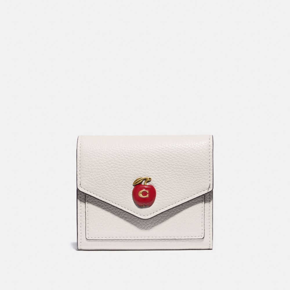 COACH®,SMALL WALLET WITH APPLE PRINT,Pebble Leather,Brass/Chalk,Front View