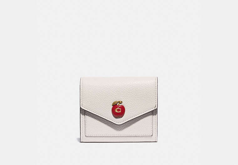 COACH®,SMALL WALLET WITH APPLE PRINT,Pebble Leather,Brass/Chalk,Front View