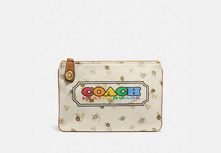 COACH®,TURNLOCK POUCH 26 WITH RAINBOW COACH BADGE,canvas,Brass/Multi,Front View