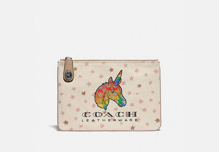 COACH®,TURNLOCK POUCH 26 WITH RAINBOW SIGNATURE UNI,Coated Canvas,Pewter/Multi,Front View