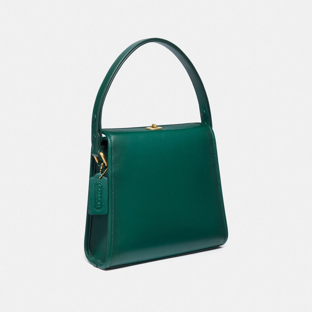 COACH®,TURNLOCK SHOULDER BAG,Smooth Leather,Medium,Brass/Emerald,Angle View