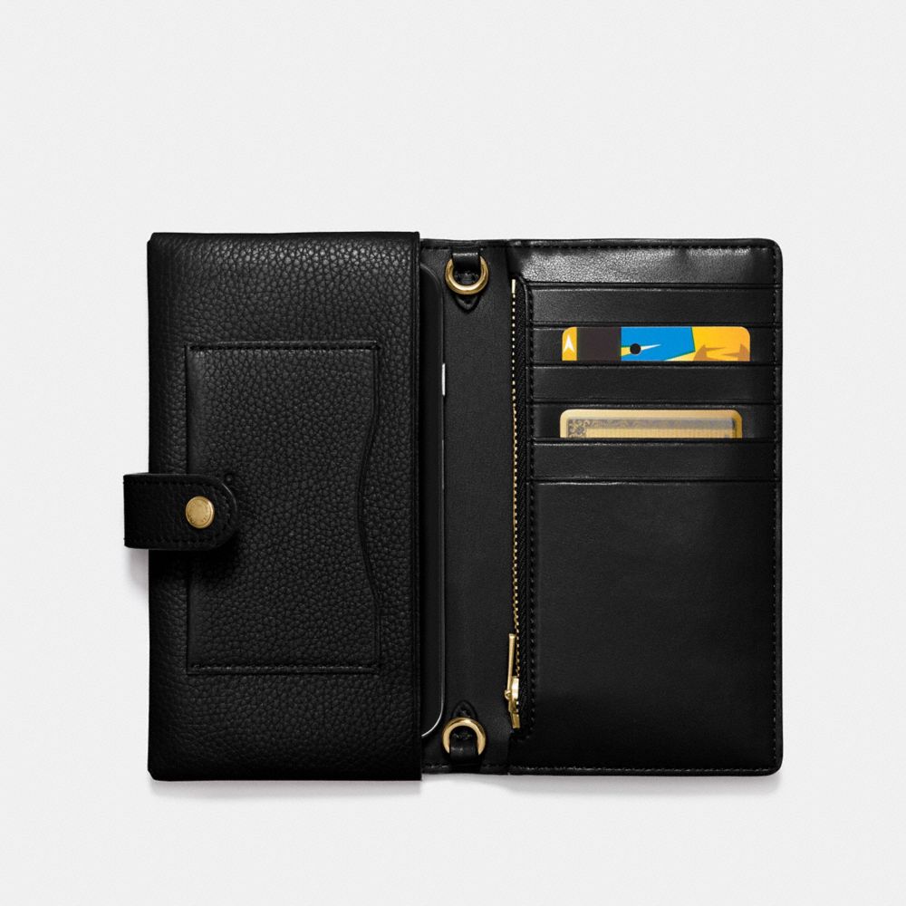 COACH®,WRISTLET POUR TÉLÉPHONE,Cuir galet poli,Mini,Or Clair/Noir,Inside View,Top View