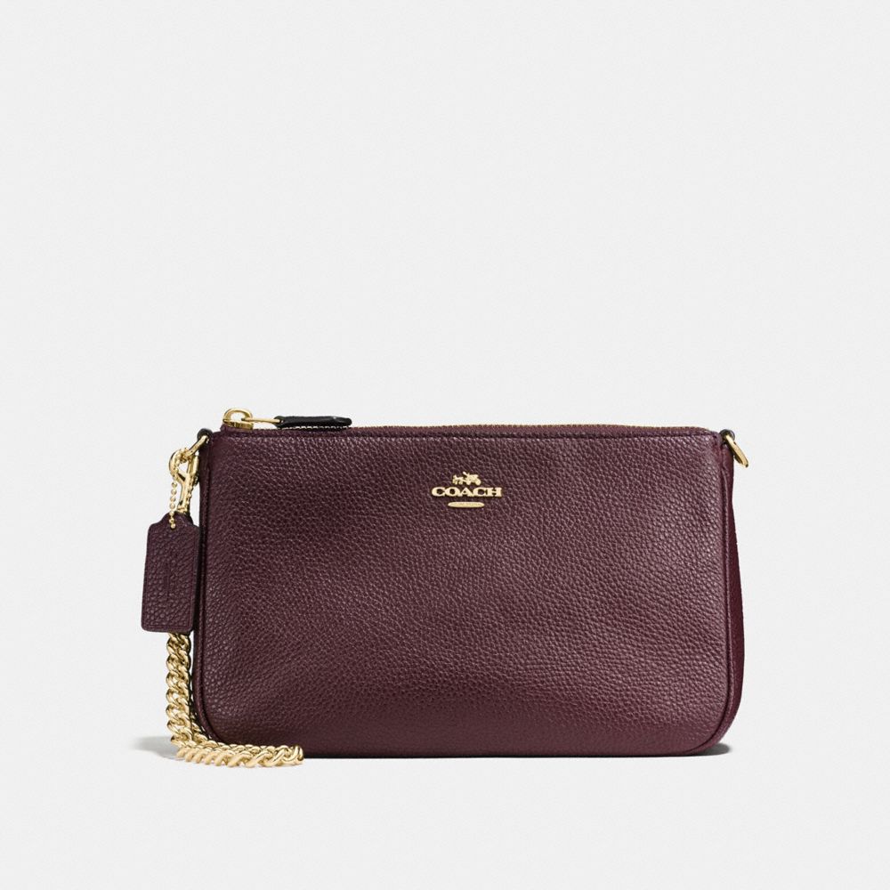 COACH®,NOLITA WRISTLET 22,Leather,Light Gold/Oxblood,Front View