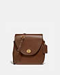 COACH®,TURNLOCK FLAP SQUARE POUCH,Leather,Small,Brass/Dark Saddle,Front View