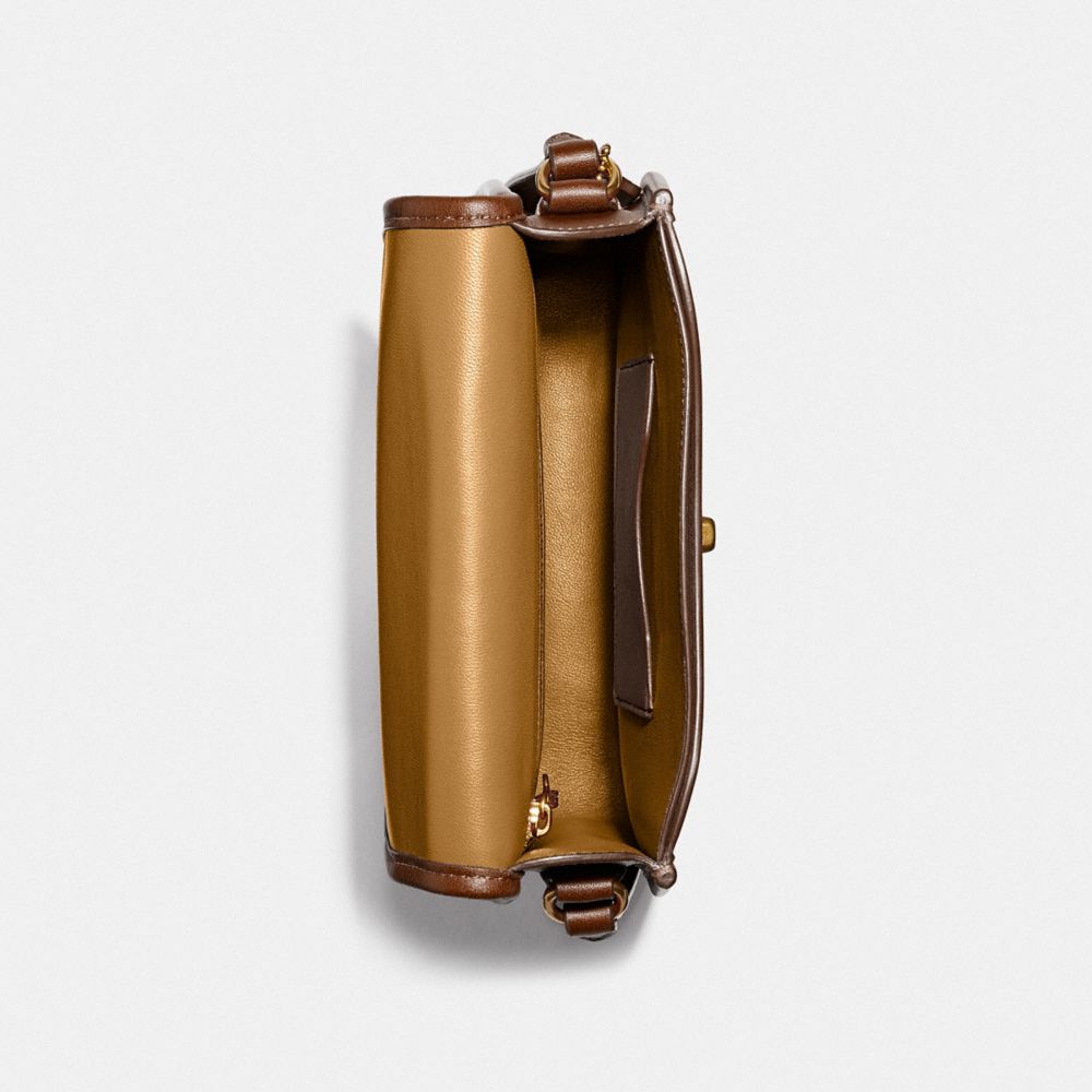 COACH®,TURNLOCK FLAP SQUARE POUCH,Leather,Small,Brass/Dark Saddle,Inside View,Top View