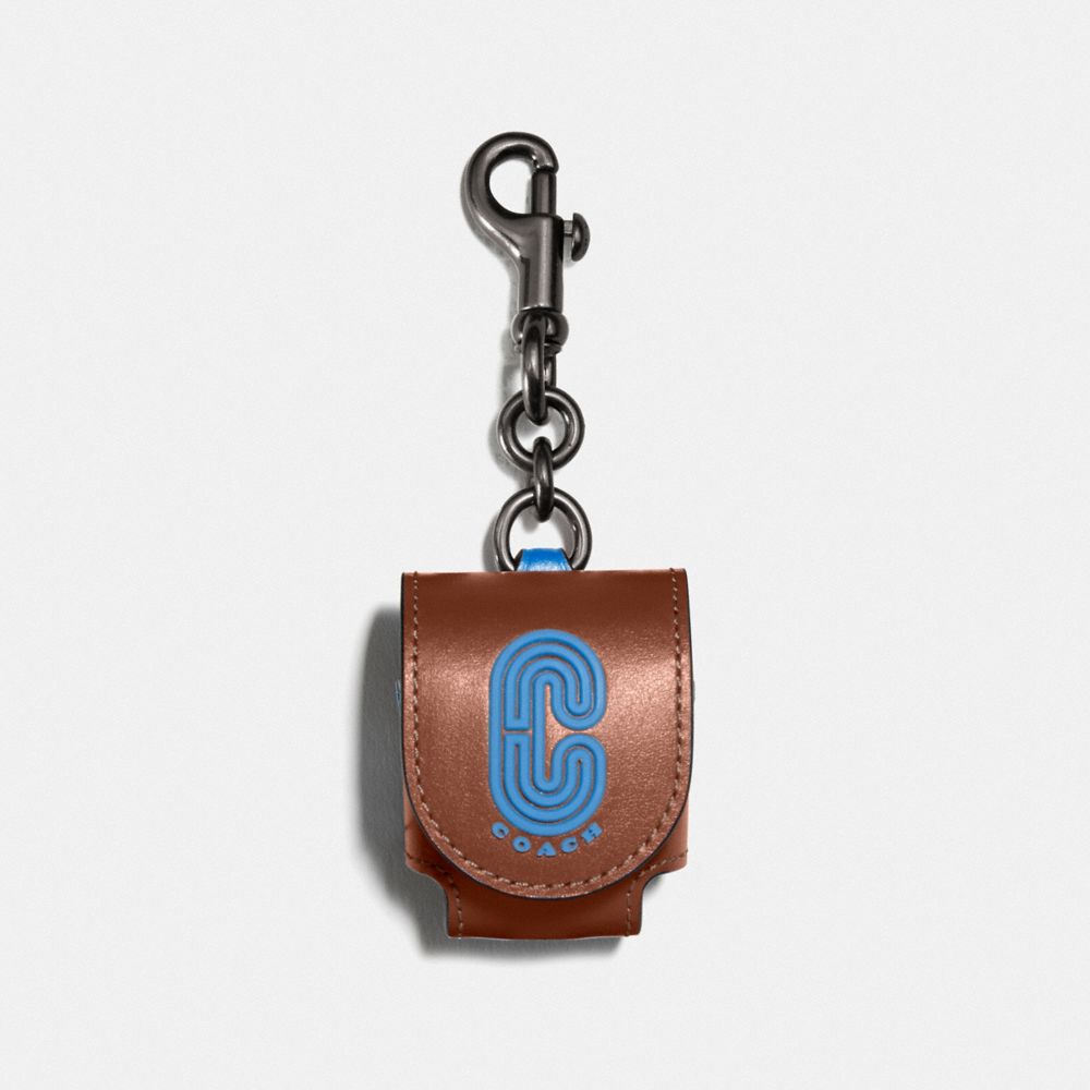 Coach Airpod Earbud Case Bag Charm with Coach Patch in Aegean Blue Leather