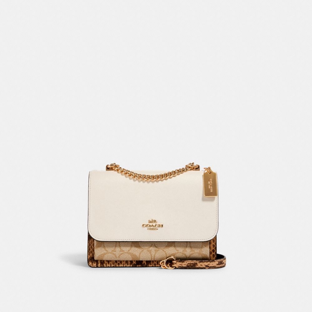 COACH®,KLARE CROSSBODY IN BLOCKED SIGNATURE CANVAS,mixedmaterial,Medium,Gold/Khaki/ Light Khaki/ Chalk,Front View