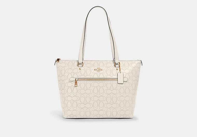 COACH®,GALLERY TOTE IN SIGNATURE LEATHER,Leather,Large,Gold/Chalk,Front View