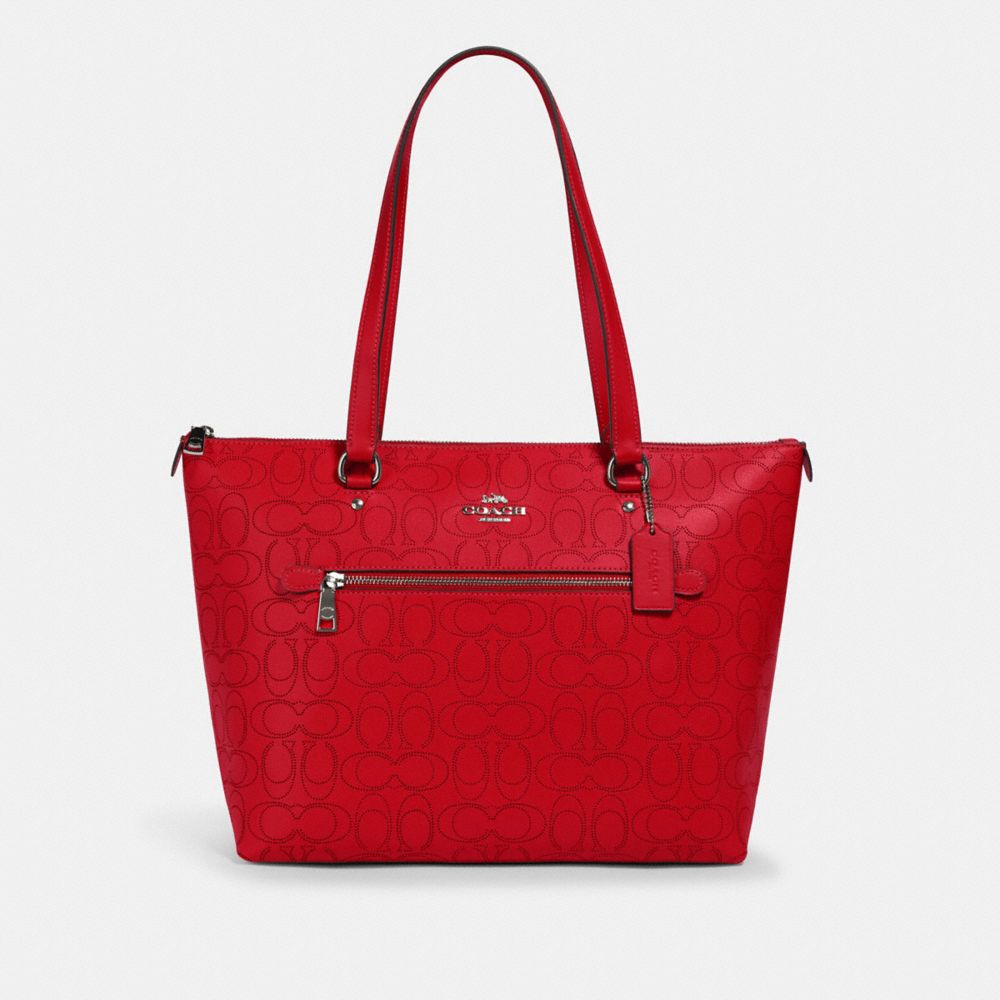 COACH®,GALLERY TOTE BAG IN SIGNATURE LEATHER,Leather,Large,Gunmetal/Miami Red,Front View