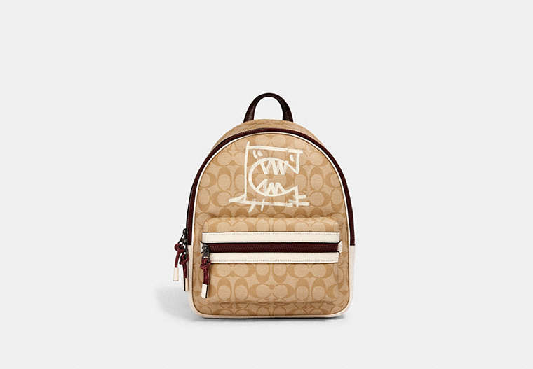 COACH®,VALE MEDIUM CHARLIE BACKPACK IN SIGNATURE CANVAS WITH REXY BY GUANG YU,pvc,Small,Gunmetal/Light Khaki/Chalk Multi,Front View