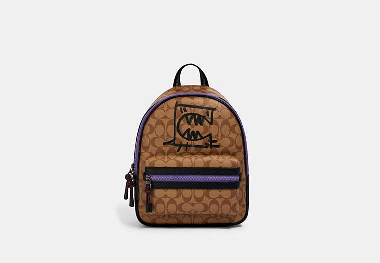 COACH®,VALE MEDIUM CHARLIE BACKPACK IN SIGNATURE CANVAS WITH REXY BY GUANG YU,pvc,Small,Gunmetal/Khaki Black Multi,Front View