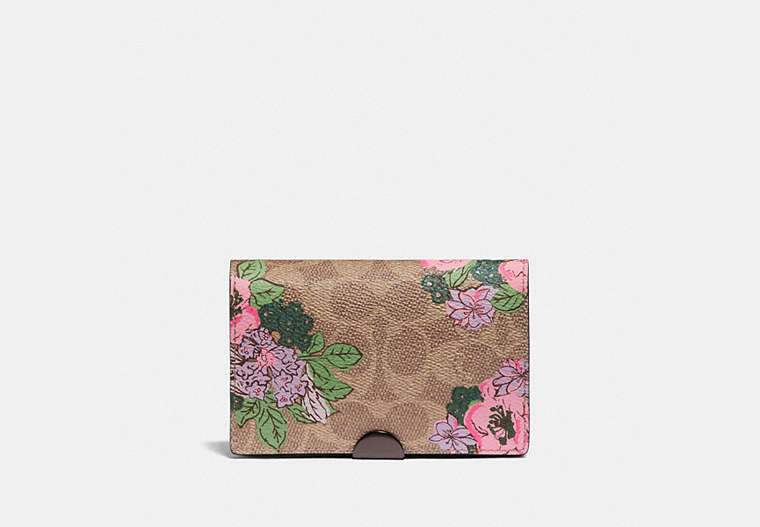 COACH®,DREAMER CARD CASE IN SIGNATURE CANVAS WITH BLOSSOM PRINT,Signature Coated Canvas/Smooth Leather,Pewter/Tan Print,Front View