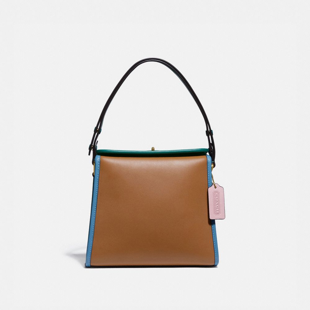 COACH®,TURNLOCK SHOULDER BAG IN COLORBLOCK,Leather,Small,Brass/Light Saddle/Pine Green,Front View image number 0