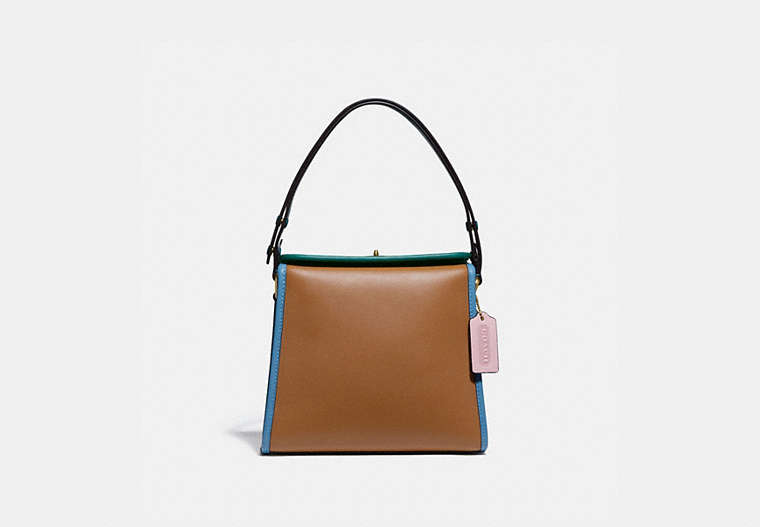 COACH®,TURNLOCK SHOULDER BAG IN COLORBLOCK,Leather,Small,Brass/Light Saddle/Pine Green,Front View