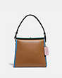 COACH®,TURNLOCK SHOULDER BAG IN COLORBLOCK,Leather,Small,Brass/Light Saddle/Pine Green,Front View