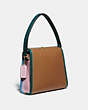 COACH®,TURNLOCK SHOULDER BAG IN COLORBLOCK,Leather,Small,Brass/Light Saddle/Pine Green,Angle View